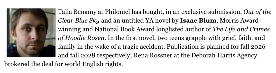 Talia Benamy (@taliabenamy) on Twitter photo Could not possibly be more thrilled to get to work with <a href="/isaacblum_/">Isaac Blum</a> (and Rena Rossner) on two new books! There will be humor, there will be heartbreak, there will be Jewish pride — and most importantly, there will be wonderful, wonderful stories to read and to love. Could not possibly be more thrilled to get to work with <a href="/isaacblum_/">Isaac Blum</a> (and Rena Rossner) on two new books! There will be humor, there will be heartbreak, there will be Jewish pride — and most importantly, there will be wonderful, wonderful stories to read and to love.