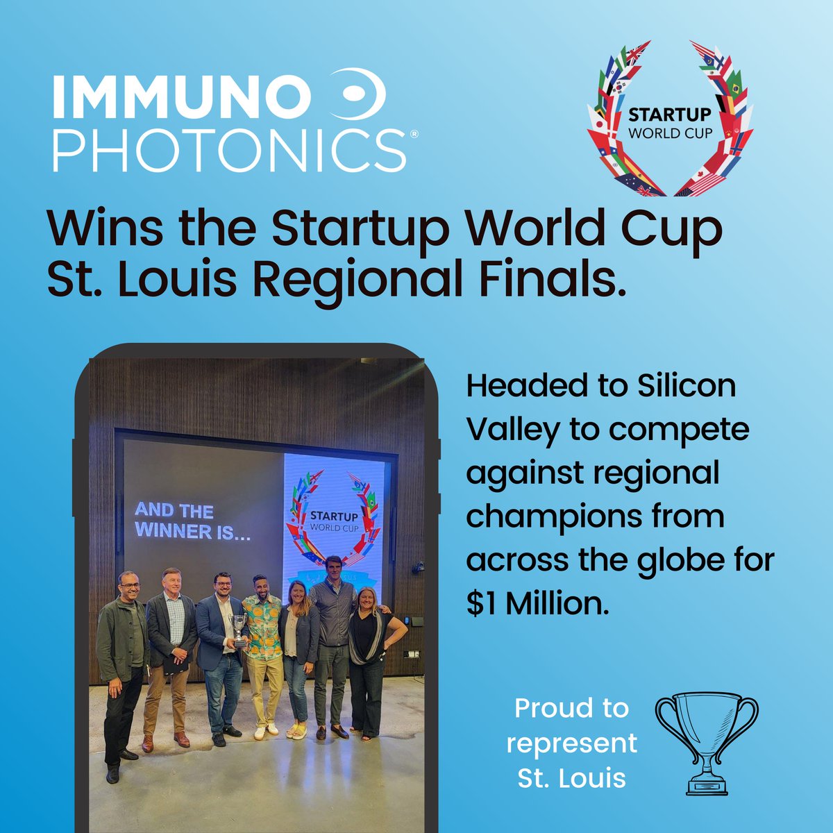 Immunophotonics is thrilled to have won the Startup World Cup St. Louis Regional finals. A big thank you to Emily Hemingway and her team at TechSTL for their hard work in organizing this remarkable event. You did an exceptional job! Silicon Valley here we come!