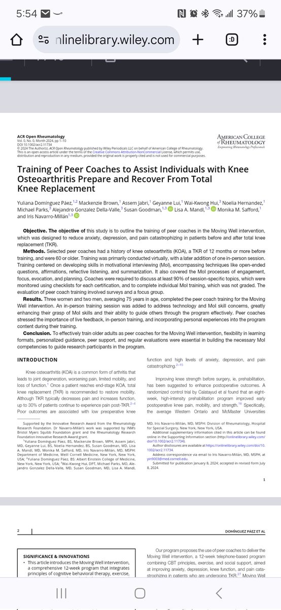 My mentor, Dr. Iris Navarro-Millan paper on peer coaching in TKR. Maybe we can use this in peds rheum 👀👀
acrjournals.onlinelibrary.wiley.com/doi/epdf/10.10…