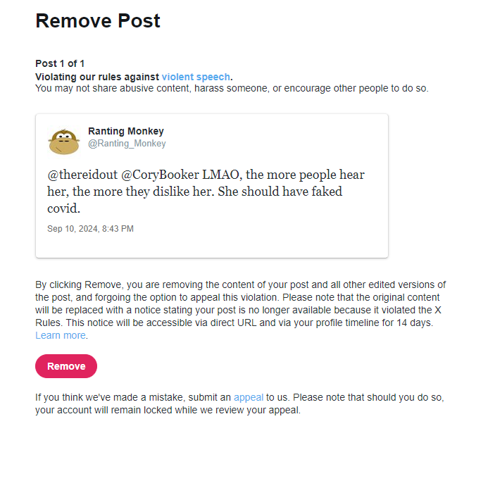 AngryMonkey422's tweet photo. Are ya kidding me? My cousin got hit, immediately, for hate speech and a 12 hour time out for saying Kamala should have faked covid to get out of the debate? 

@lindayaX @elonmusk what the hell? https://t.co/ATERoq9LCd