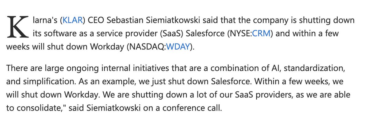 thogge's tweet image. Klarna CEO saying they are firing their SaaS providers

even the &quot;systems of record&quot; that we thought were impossible to rip out.

gone

this is.....wild.