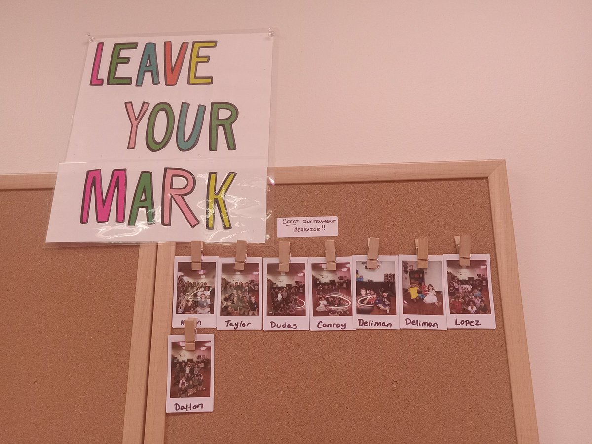 The "Leave Your Mark" board showcases students who are going above and beyond in music class! 1st grade and kindergarten are already on the board for "Great Instrument Behavior!" <a href="/IvyHawnSuhr/">Ivy Hawn Principal</a> <a href="/PrycelessAP/">Alicia Pryce</a>