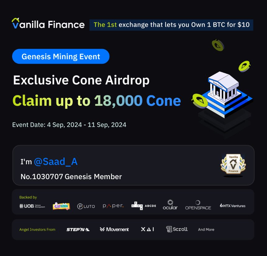 AzouzSaad's tweet photo. #VanillaFinance is the 1st exchange that lets you own 1 Bitcoin for $10. Genesis mining is live now. Claim up to 18,000 Cone! #Airdrop #Miniapp.@VanillaFinance https://t.co/TwSwxkOKUC