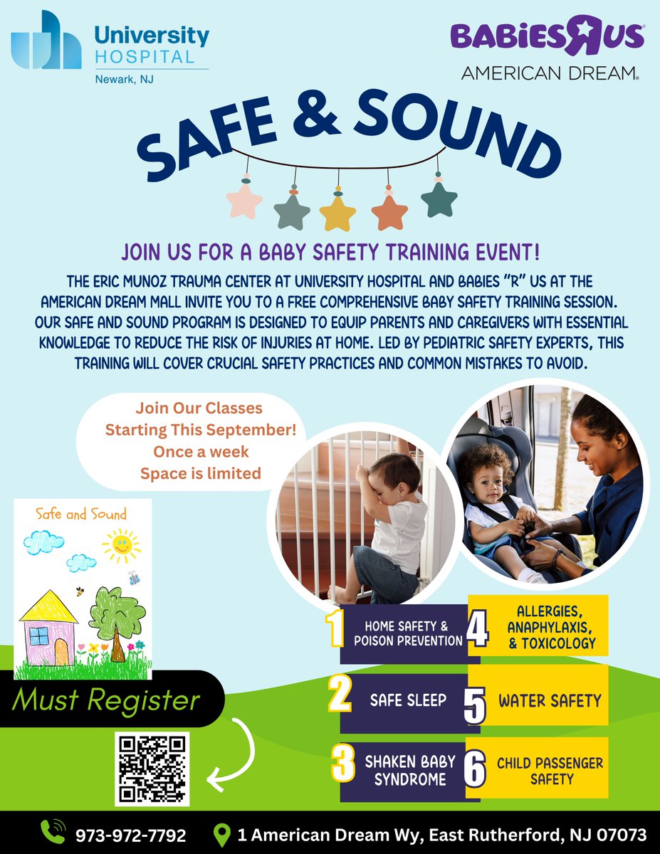 NJPoisonCenter's tweet photo. 👶 September is #BabySafetyMonth. We're excited to be joining Safe Kids Essex County &amp; @UnivHospNewark. 
🗓️ Mark you calendar for this free training event. Scan the QR code to register. 
📱🧑‍⚕️ #PosionHelp 1-800-222-1222
#HealthierNJ #Parents #NJ #NewJersey #babies #ParentingTips https://t.co/nVyRFxXL5R