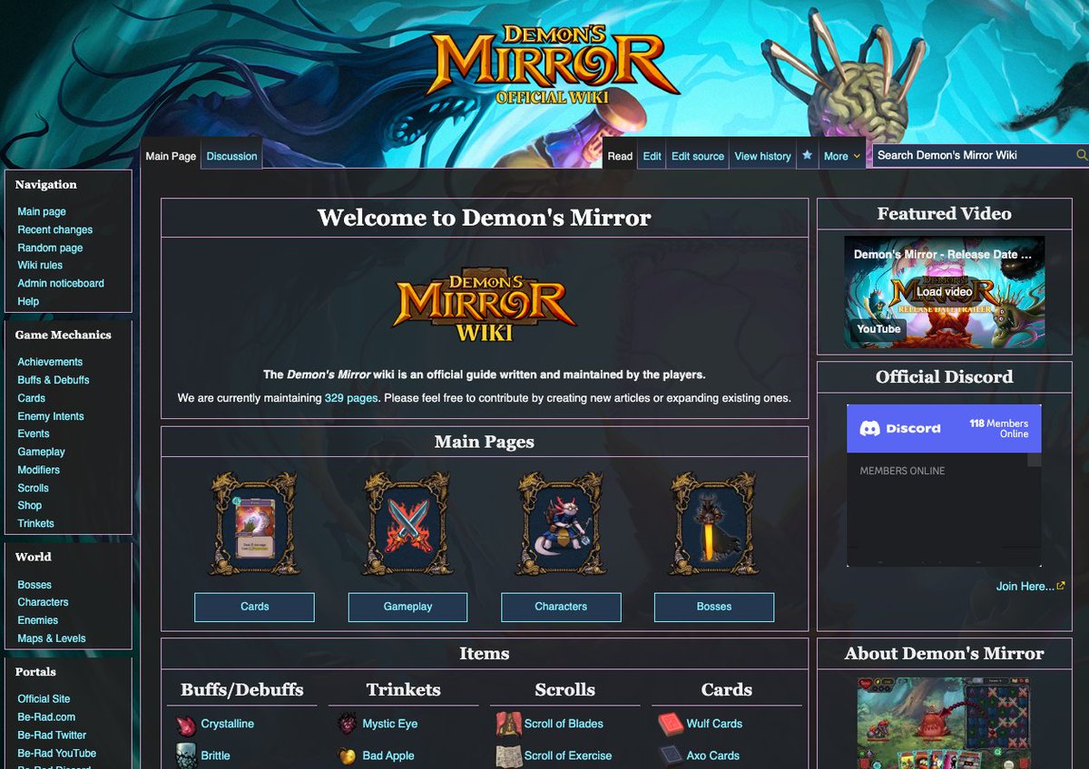 dnacreativeca's tweet photo. "We are currently maintaining 329 pages"
Oh THAT'S why we've been so quiet 🤣

Been hard at work on knowledge management for the Demon's Mirror team and putting together this dope wiki for players! This deck-building chain-linking roguelike is out now WHAT ARE YOU WAITING FOR? ⚔️ https://t.co/HVhoITdxqe