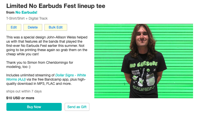 Just put some leftover <a href="/NOEARBUDS/">NO EARBUDS!</a> fest merch up on my bandcamp! Eternal shout out to Simon from <a href="/cheridomingo/">Cheridomanga</a> for modeling the shirts bc they just so happened to work at the print shop that made them

noearbuds.bandcamp.com/merch