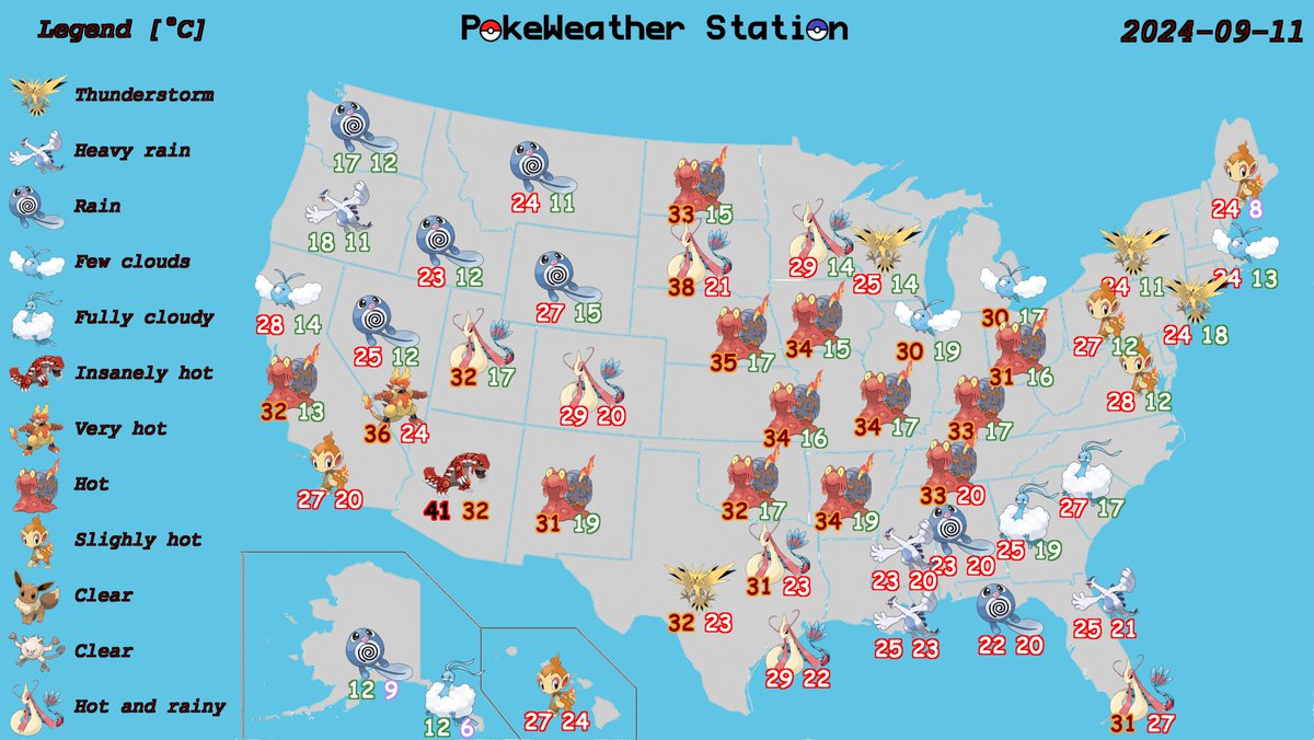 PokeWeatherSt's tweet image. 🌡️ PokeWeather Station Forecast for the United States - September 11, 2024 🌡️

#PokeWeather #FireTypes #HotAndSunny #RainyBattles

[pokeweatherstation.com]