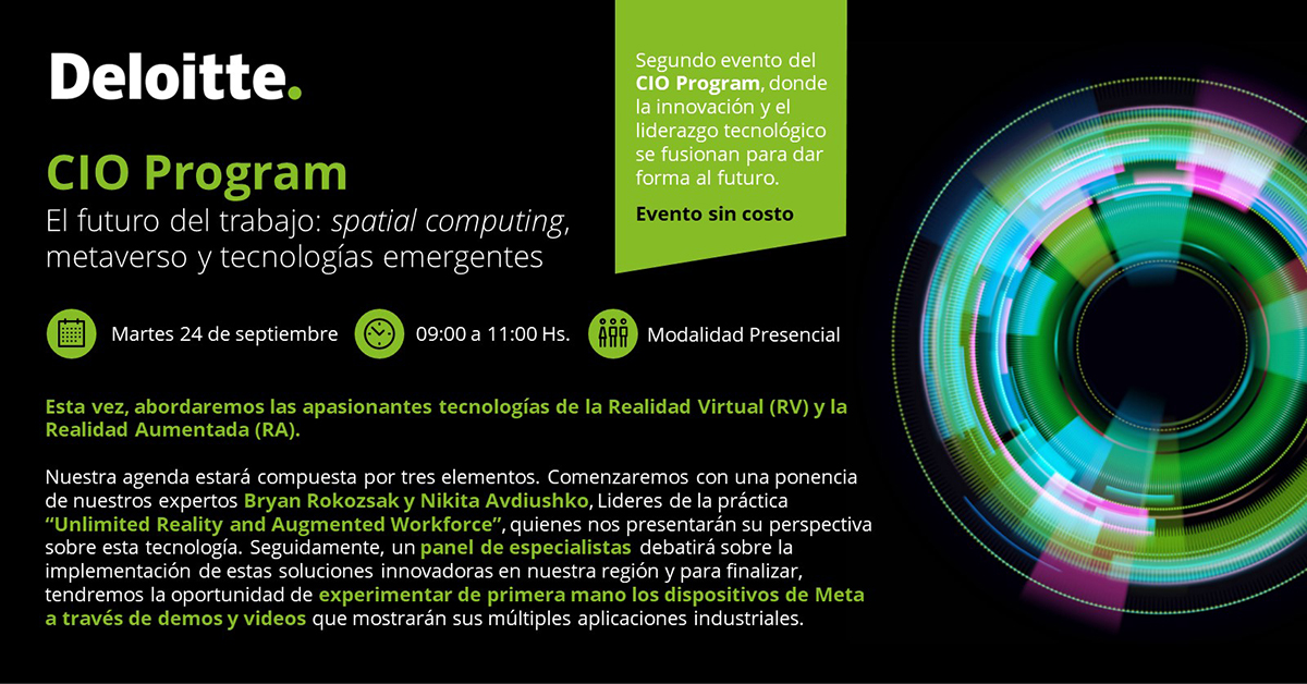 DeloitteARG's tweet image. El 24 de septiembre, de 9 a 11hs realizaremos una nueva edición del CIO Program.
Enviá la siguiente información a eventos@deloitte.com para tu acreditación:
•Nombre y Apellido
•Empresa
• Cargo
•Email
#CIOProgram
#DeloitteArgentina