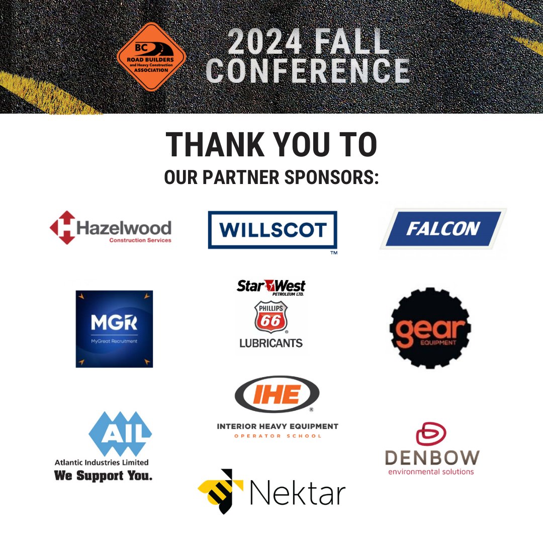 BCRoadBuilders's tweet photo. Thank you to our partner-level sponsors for helping make this year’s Fall Conference possible:
@willscot 
@denbowltd 
Atlantic Industries Limited
IHE School
@StarwestLtd 
Gear Equipment Inc.
@FalconEquipment
Hazelwood Construction Services Inc
@MyGreatCo
@Nektar_io https://t.co/BdZytYwdgj