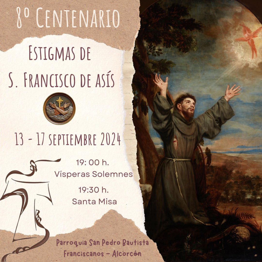 El próximo viernes día 13, comenzamos el Quinario de preparación al 8º centenario de la impresión de las llagas a Ntro. Seráfico P. S. Francisco. A las 19h. Vísperas Solemnes con el canto de las llagas y a continuación la Eucaristía. <a href="/DiocesisGetafe/">Diócesis de Getafe</a> <a href="/PJAlcorcon/">PJAlcorcón</a> <a href="/ofmfranciscanos/">ofmfranciscanos</a>