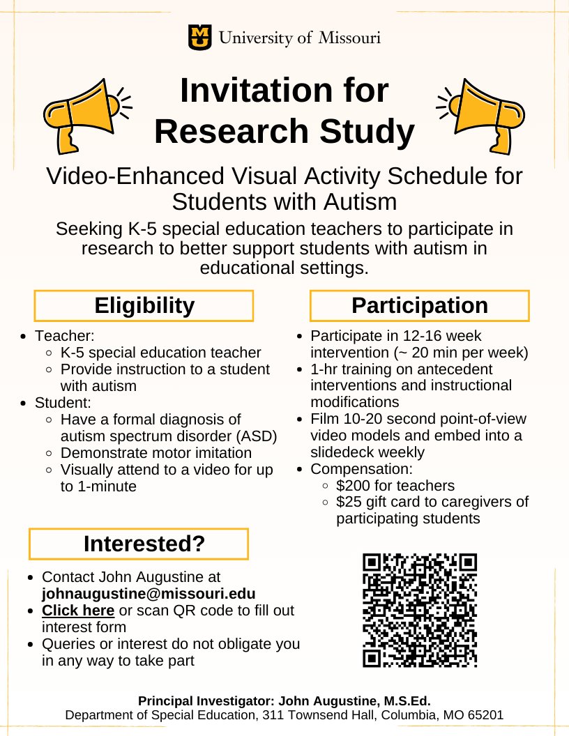 MizzouABIL's tweet image. Invitation for participation in a research study! We are seeking elementary special education teachers who teach students w/ ASD to implement a video-enhanced activity schedule. Participation will last approximately 3 months and teachers can receive up to $200 compensation! 🧵