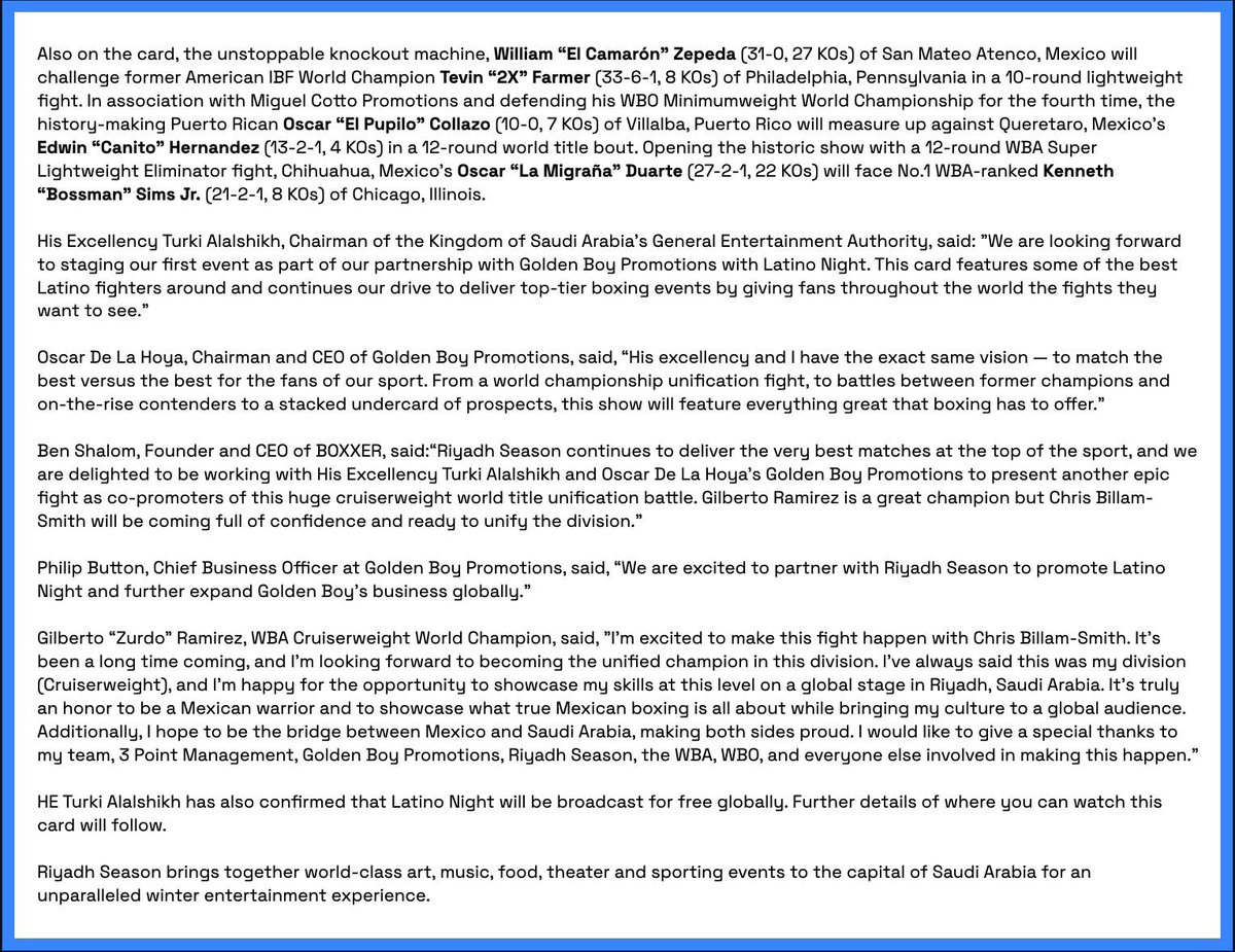 The Riyadh Season “Latino Night” will bring 5 exciting bouts one of which is featuring Zurdo vs Billam-Smith 🇸🇦🔥

This event will be broadcasted for free for even globally🥊

#RiyadhSeason
#BigTime