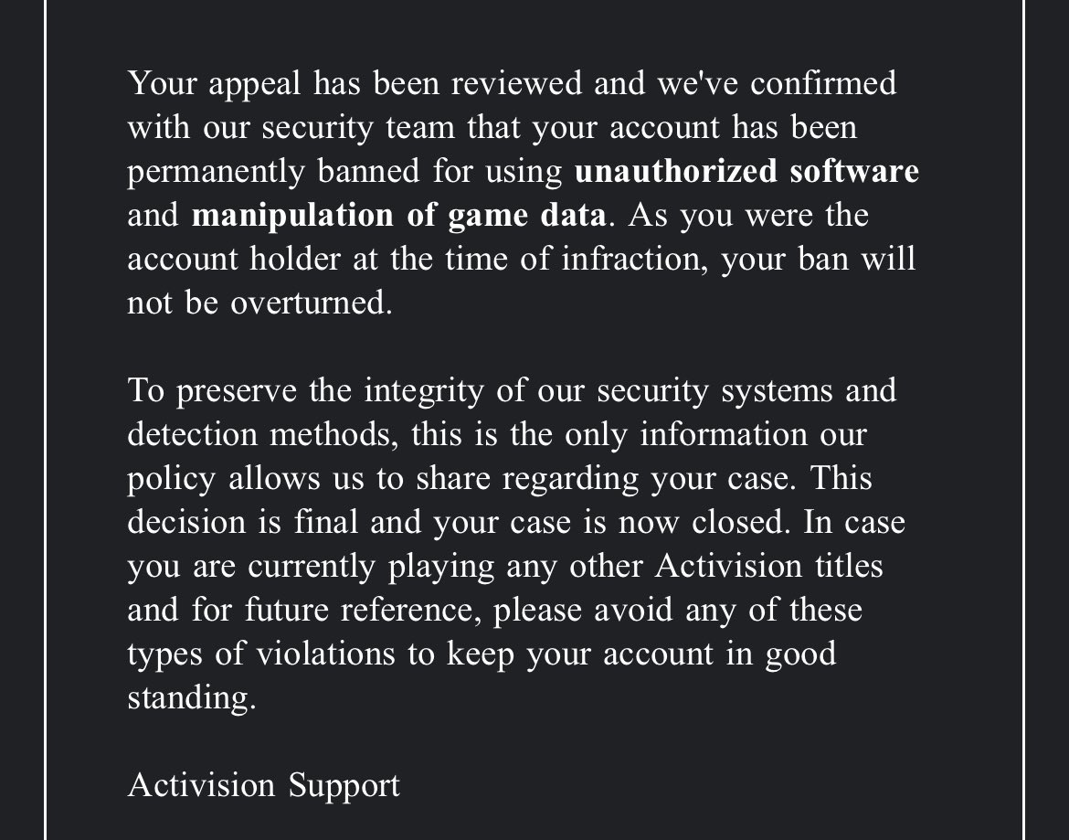Skroffee's tweet photo. If i got banned for i having open chrome, steam, nvidia settings and ghub ur games are a fucking joke @Activision https://t.co/YFFTCgEFvD