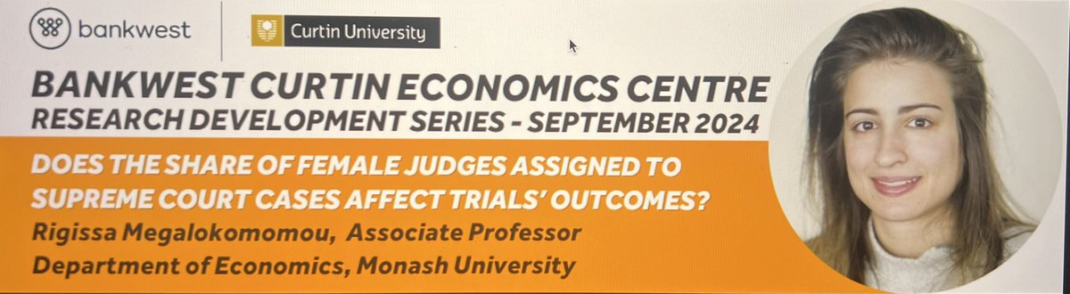 Rigissa Megalokonomou (@rmegal) on Twitter photo Looking forward to my seminar today on female judges at the <a href="/BankwestCurtin/">BankwestCurtinEC</a>
Bankwest Curtin Economics Centre (BCEC)! Thank you very much, <a href="/PSotirakopoulos/">Panos Sotirakopoulos</a>, for the invitation ☺️
<a href="/MonashBusiness/">Monash Business School</a> <a href="/MonashUni/">Monash University</a> Looking forward to my seminar today on female judges at the <a href="/BankwestCurtin/">BankwestCurtinEC</a>
Bankwest Curtin Economics Centre (BCEC)! Thank you very much, <a href="/PSotirakopoulos/">Panos Sotirakopoulos</a>, for the invitation ☺️
<a href="/MonashBusiness/">Monash Business School</a> <a href="/MonashUni/">Monash University</a>