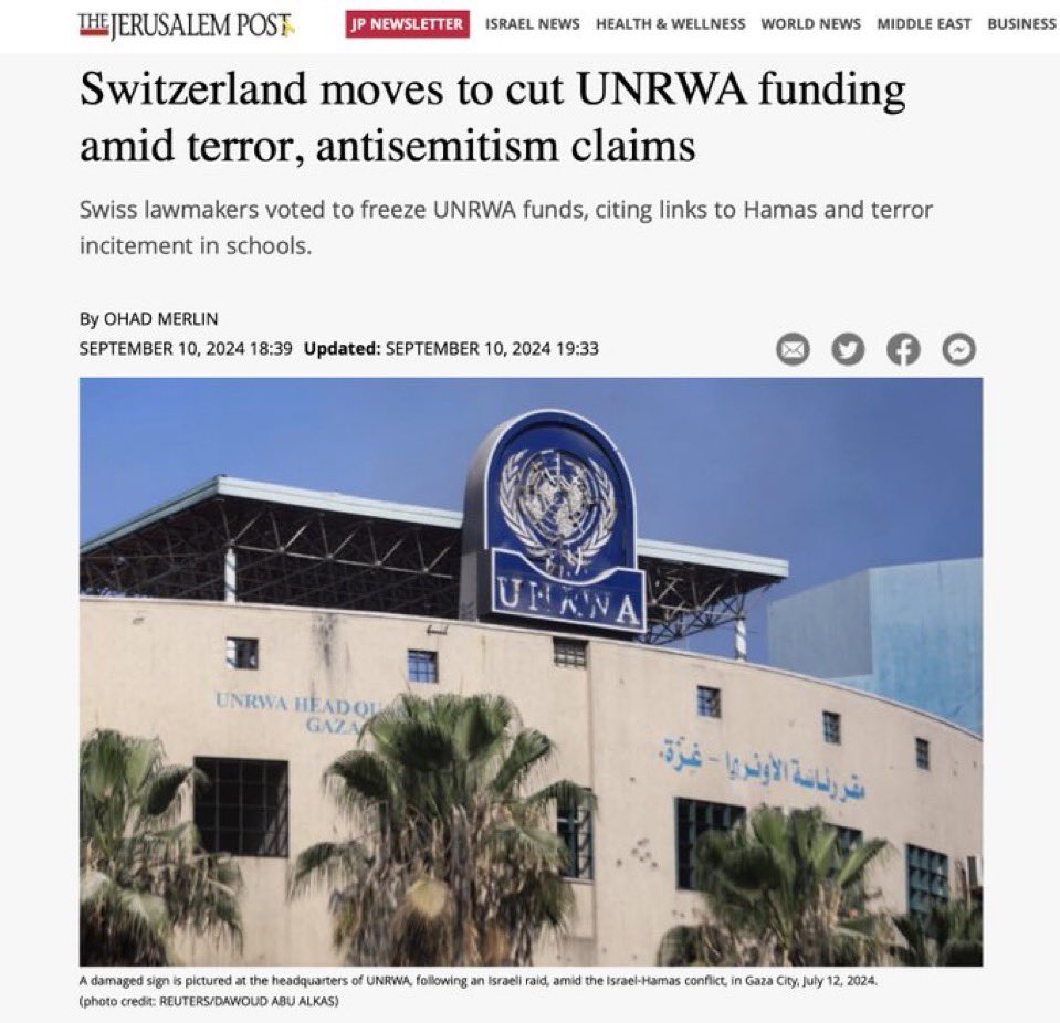 EYakoby's tweet image. Breaking: Switzerland moved to defund UNWRA after overwhelming evidence of the agency’s ties to terror organizations.

When the most neutral country in the world recognized UNWRA is a problem, it is time for all other countries to follow.