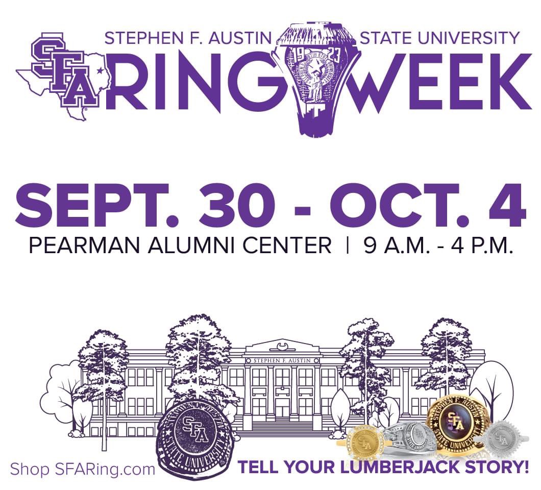 Save the date, 'Jacks!

Ring Week is coming on Sept. 30! Visit SFAAlumni.com/SFARing for everything you need to know and, along with Balfour representatives, we will see you the week of Sept. 30 - Oct. 4.

#AxeEm