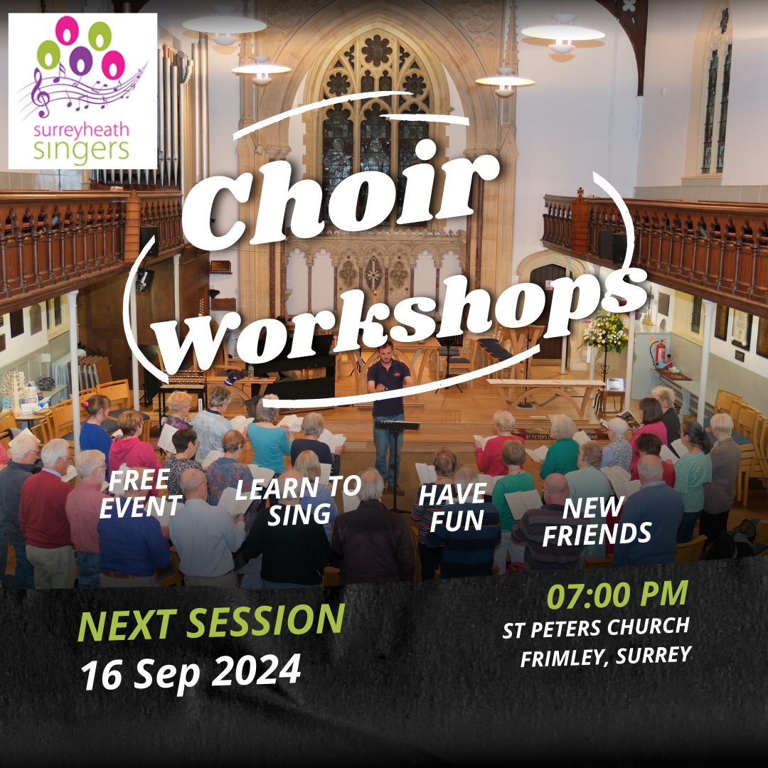 Come and sing with us - Surrey Heath Singers. We are running open workshops and the next one is Monday 16 Sep 24 at 7pm. Visit surreyheathsingers.org.uk/wp/

#Surreyheath #Choir #Singing #Camberley #Farnborough #Frimley