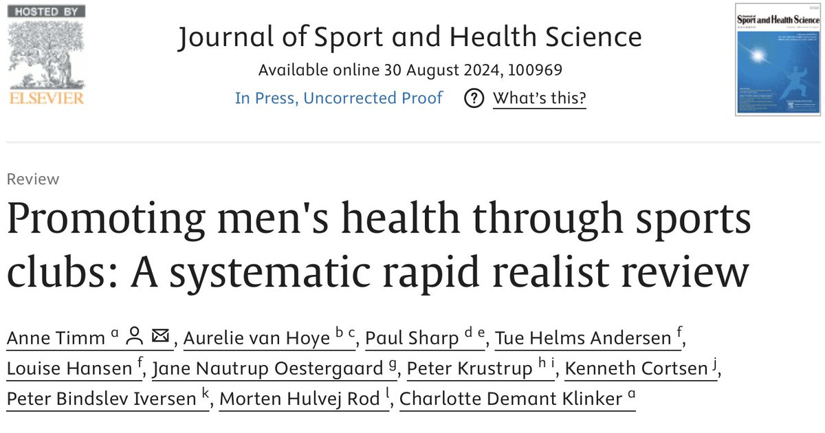 Great work by <a href="/anne_timm_dk/">Anne Timm</a> et al. to unpack the context-mechanism-outcome (CMO) configurations that underpin men's health promotion in sports clubs. 
<a href="/JSHS_MedHealth/">Journal of Sport and Health Science (JSHS)</a> 
Open Access: doi.org/10.1016/j.jshs…