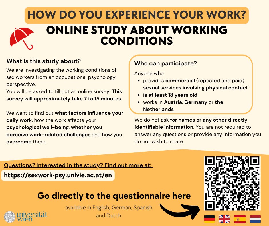 Liebe Kolleg*innen aus AT, DE und NL, es wäre toll, wenn Ihr Euch ein paar Minuten Zeit nehmen könnt für diese Studie zu Arbeitsbedingungen in der Sexarbeit. 
sexwork-psy.univie.ac.at

#sexarbeit #sexwork #UniWien