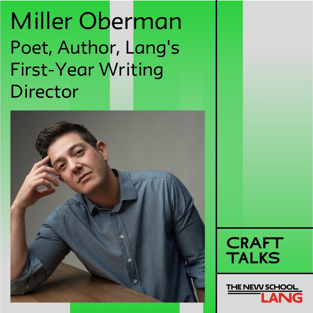 #LangCraftTalks kick-off with <a href="/MillerOberman/">Miller Wolf Oberman</a>, poet, author and director of Lang’s First-Year Writing program, hosted by fellow writer and faculty-member, <a href="/helenbetya/">Helen Betya Rubinstein</a>. ✍️

SEPT. 17, 2024
12:30PM (EDT)
Online

Register: event.newschool.edu/milleroberman

#NerdyLang #LiberalArts #TheNewSchool