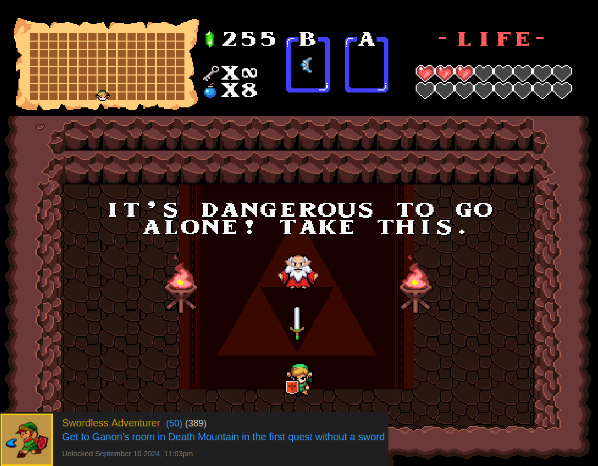 MakeBreakGames's tweet photo. I got the Swordless Adventurer achievement for NES Zelda (though I'm playing with a HD Texture pack), made it all the way to Ganon's room without a sword. https://t.co/L1Zi2rf7Tb