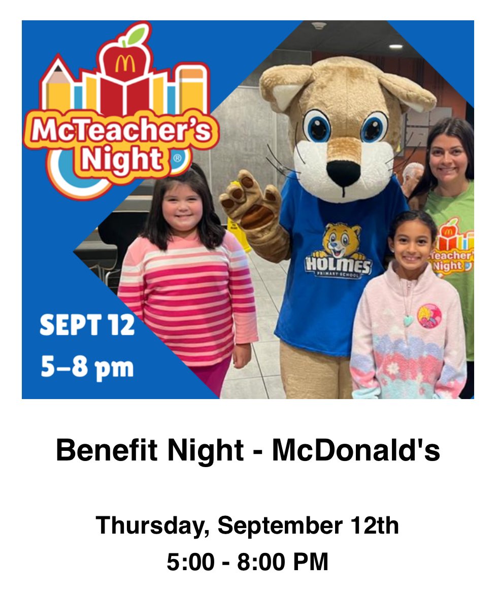 Please join us at McTeacher Night! Our students get such a kick out of seeing their teachers at our events. Please consider volunteering an hour to help. We raised over $2000 last year and it was because of our amazing and enthusiastic volunteer teachers!