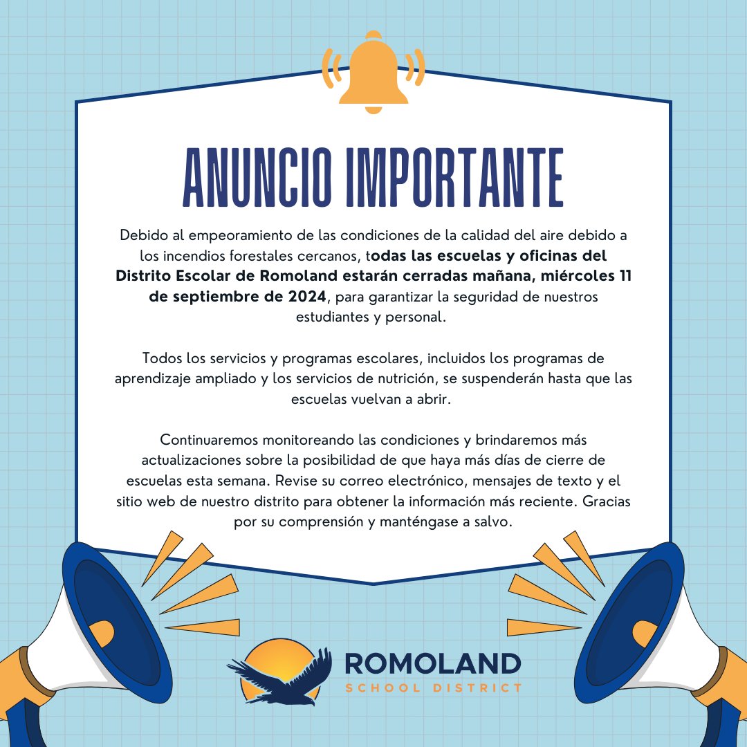 Romoland School District (@romolandsd) on Twitter photo Due to poor air quality from nearby wildfires, all <a href="/RomolandSD/">Romoland School District</a> schools & offices will be closed tomorrow, Wednesday, Sept 11, 2024. All services & programs are suspended until further notice. Stay tuned for updates via email, text, ParentSquare & our website. Stay safe! Due to poor air quality from nearby wildfires, all <a href="/RomolandSD/">Romoland School District</a> schools & offices will be closed tomorrow, Wednesday, Sept 11, 2024. All services & programs are suspended until further notice. Stay tuned for updates via email, text, ParentSquare & our website. Stay safe!