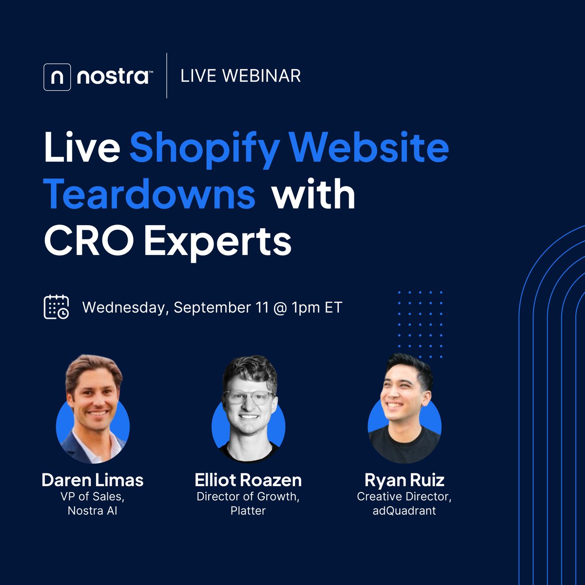 Want to unlock the secrets of high-converting Shopify sites? Join us on Sept 11 at 1 PM ET for a LIVE webinar with industry experts! Gain actionable insights to boost your store’s performance.

go.nostra.ai/live-shopify-w…

#ecommerce #Shopify