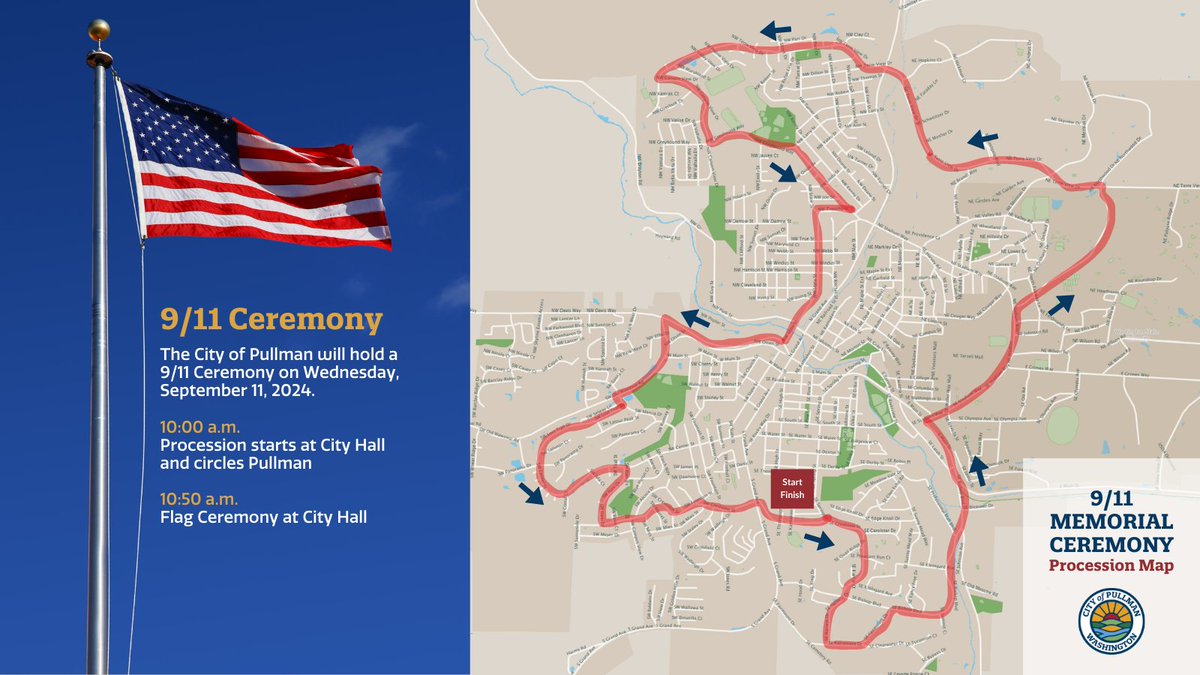 City_of_Pullman's tweet photo. You're invited to the City of Pullman's 9/11 Memorial Ceremony.
Wednesday, September 11, 2024
10:00 a.m. - Police & Fire Procession Starts @ City Hall
10:50 a.m. - Flag Ceremony @ Pullman City Hall
#pullmanwa #pullmanwashington #pullmanproud https://t.co/hM73qa1wL3