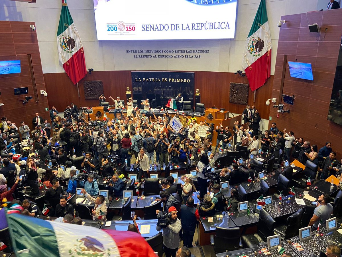 El_Universal_Mx's tweet photo. 🔴Dan portazo e ingresan al pleno del Senado 

Cientos de manifestantes, que estaban en el palco y en el Patio Federalismo, ingresaron al Salón de Plenos del Senado.

Con banderas, cantando el himno nacional, los trabajadores del Poder Judicial se encuentran ya dentro del recinto, donde hace unos minutos el presidente de la Mesa Directiva, Gerardo Fernández Noroña, decretó un receso indefinido, cuando se discutía el dictamen de la reforma judicial.

Fotos: Sharon Mercado y Berenice Fregoso - EL UNIVERSAL 📸