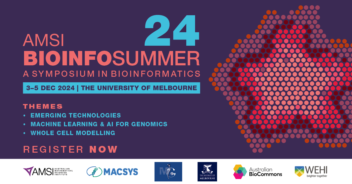 PROGRAM RELEASED: Discover the latest advances in whole-cell modelling, machine learning and AI for genomics, and emerging technologies at #AMSIBioInfoSummer 2024. 
View program: bis.amsi.org.au/program/