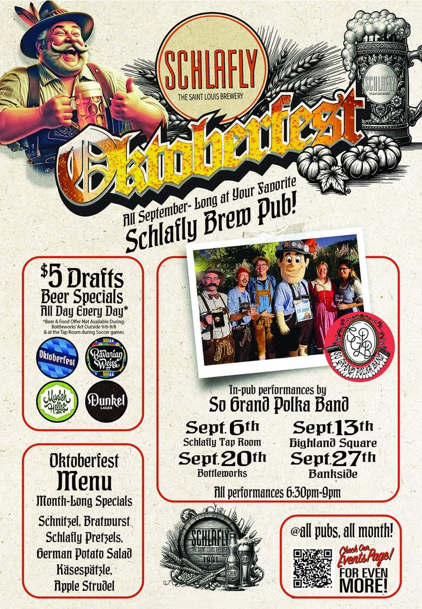 Schlafly's tweet image. Check out the poster with everything happening during #SchlaflyOktoberfest at ALL #BrewPubs!
🇩🇪
$5 Draft Specials 🍺🍻
Oktoberfest Menu 🌭🥨🍎
#SoGrandPolkaBand 🪗🥁📯
👇
@Schlafly #beer #oktoberfest #oktoberfest2024
