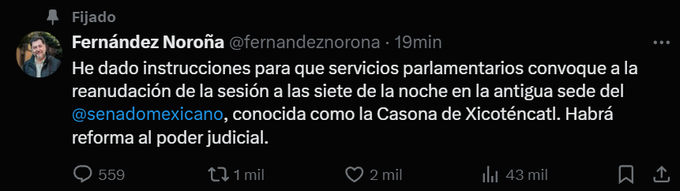Noro&ntilde;a convoca y reaunudar&aacute; la sesi&oacute;n a las 7 en la antigua sede del Senado. &iexcl;Al parecer nada detendr&aacute;<a href="/tag/morena"class="tags"><span>#morena</span></a><a href="/tag/vivamexico"class="tags"><span>#vivamexico</span></a><a href="/tag/4t"class="tags"><span>#4t</span></a><a href="/tag/poderjudicialcorrupt"class="tags"><span>#poderjudicialcorrupt</span></a>
