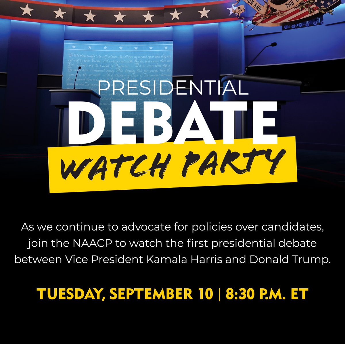 Tonight, as Vice President Kamala Harris and former President Donald Trump go head-to-head, join us for a live watch party. We’ll be sharing our reactions and insights on the key issues shaping our nation. 

Don’t miss out — tune in on the NAACP Instagram, Facebook, and YouTube