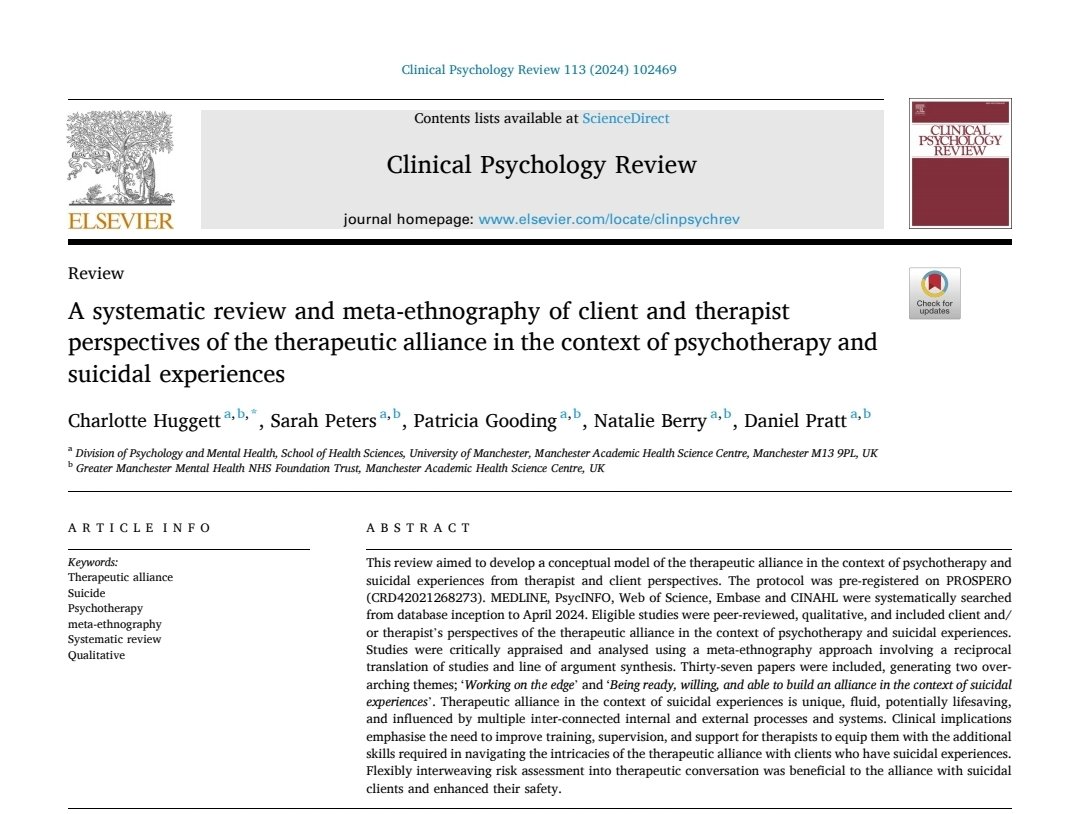 So excited to share my first paper from my #dclinpsy thesis has been published in Clinical Psychology Review!! 

doi.org/10.1016/j.cpr.…

#TherapistConnect #suicideprevention #qualitative #AcademicChatter #therapeuticalliance #ecrchat #therapy <a href="/ElsevierConnect/">Elsevier</a> <a href="/ELSpsychology/">Elsevier Psychology</a>