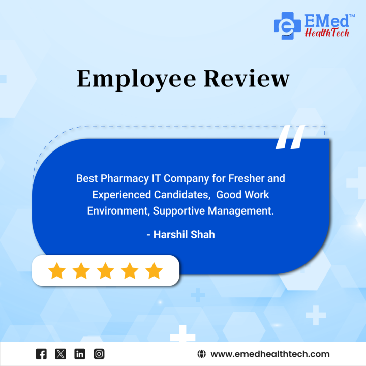 EmedHealthtech's tweet photo. Looking for the best pharmacy IT company? EMedHealthTech offers a great work environment, supportive management, and opportunities for both freshers and experienced candidates! – Harshil Shah 

 #careergrowth #pharmacyIT #emedstore #goodenvironment #employes #emedhealthtech https://t.co/7S7D9CMzlf