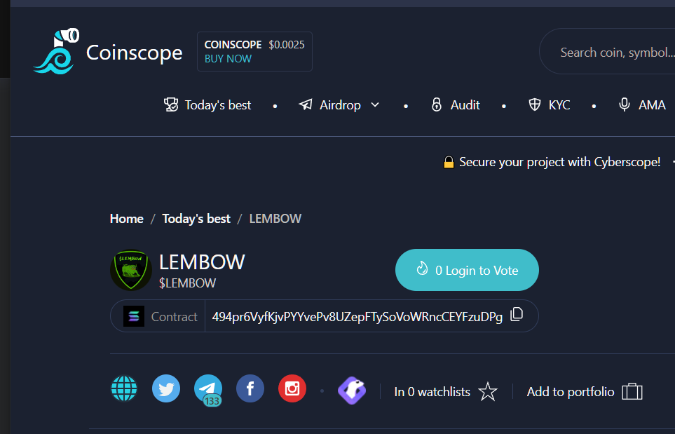 $LEMBOW is now listed on <a href="/coinscopecrypto/">Coinscope, a TAC Security Company</a> 🔥🔥🔥

Shout out to their team for approving the listing of our project 🙏

Its time to pack a bag!
👇
t.me/wenlembow