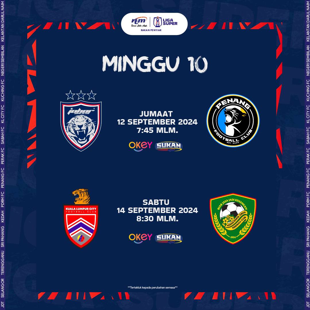 Saksikan Siaran Langsung Bola Sepak Liga Super 2024/2025 Minggu 10 di Saluran TV Okey, MYTV110, Astro 146 dan MYTV111. ANDA JUGA BOLEH TONTON DI LIVE STREAMING rtmklik.gov.my 
#LigaSuper2024
#bolasepakligamalaysia