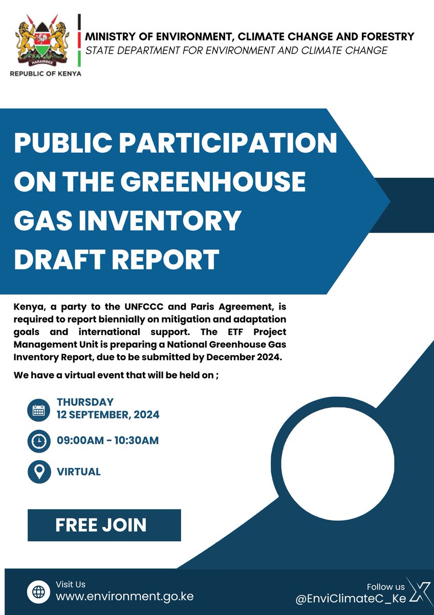 Kenya is a Party to <a href="/UNFCCC/">UN Climate Change</a> &amp; its Paris Agreement and is required to report biennially on mitigation, adaptation and international support. The ETF Project Management Unit is preparing a National Greenhouse Gas Inventory Report due to be submitted by December 2024. <a href="/HonAdenDuale/">Hon. Aden Duale, EGH</a>
