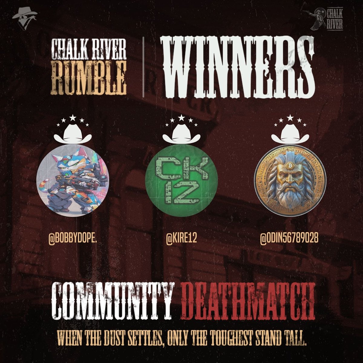 VendettaGamesHQ's tweet photo. Gunslingers, last night’s Deathmatch was a wild ride, and our champions from the first round continue to be unstoppable!

🥇 1st Place: @OneHandedGamer3  
🥈 2nd Place: @cryptokire12  
🥉 3rd Place: @Odin56789028 

Congrats to all the sharpshooters who took part! Our first and second-place legends remain untouchable, but can anyone bring them down? 

The challenge is far from over! More Deathmatches are coming, and the next one might be your shot at glory. 🚩🤠

Lock and load, cowboys – the Wild West waits for no one!! 🎯

Sign up for the next rumble here: https://t.co/pPzwI3tg0d

#ChalkRiverRumble #Unbeatable #Deathmatch