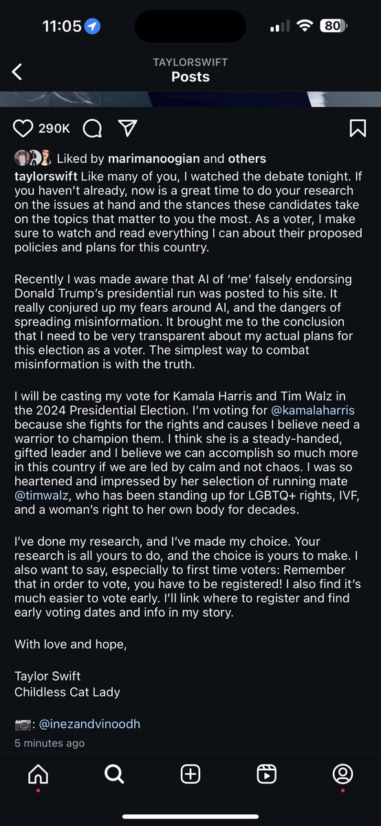 I’m a political junkie, stayed up to watch #PresidentialDebate2024. Reassuringly 
<a href="/KamalaHarris/">Kamala Harris</a> did well. Rest of the world needs Americans to get out and vote #HarrisWalz2024 🗳️ 
Taylor Swift Harris/Walz endorsement will encourage millions of Swifties to register to vote! 🐈‍⬛🗳️😊