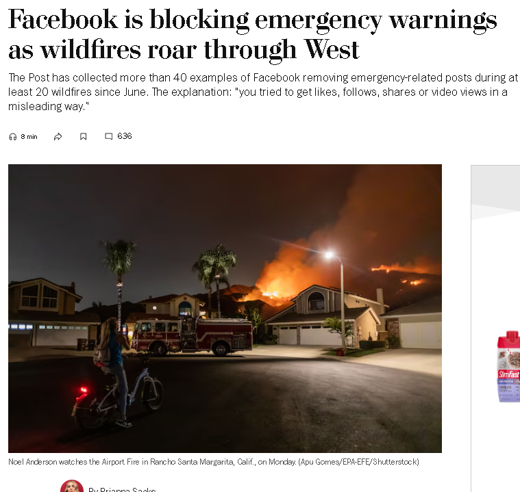 InternetLawCent's tweet photo. Facebook is blocking emergency warnings as wildfires roar through West
FB removed emergency posts for trying to "get likes, follows, shares or video views in a misleading way.”  Shocking.  #facebook #wildfires

https://t.co/jcBl1eUtwi https://t.co/PzV4VIcWCE