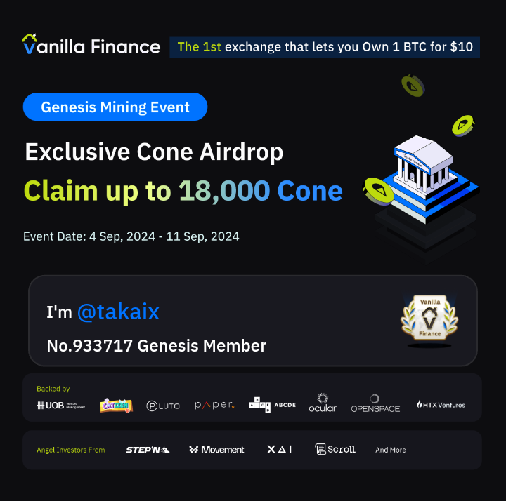 gorilla_nnft's tweet photo. #VanillaFinance is the 1st exchange that lets you own 1 Bitcoin for $10. Genesis mining is live now. Claim up to 18,000 Cone! #Airdrop #Miniapp.@VanillaFinance https://t.co/0ulCW0T2FI