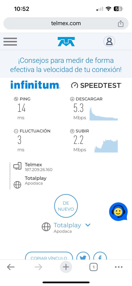 Pésimo servicio de Telmex. Esta es la velocidad que me llega. Y NO lo resuelven. Descarga 5.3 Subida 2.2. PÉSIMO <a href="/TELMEXSoluciona/">Telmex Soluciona</a>