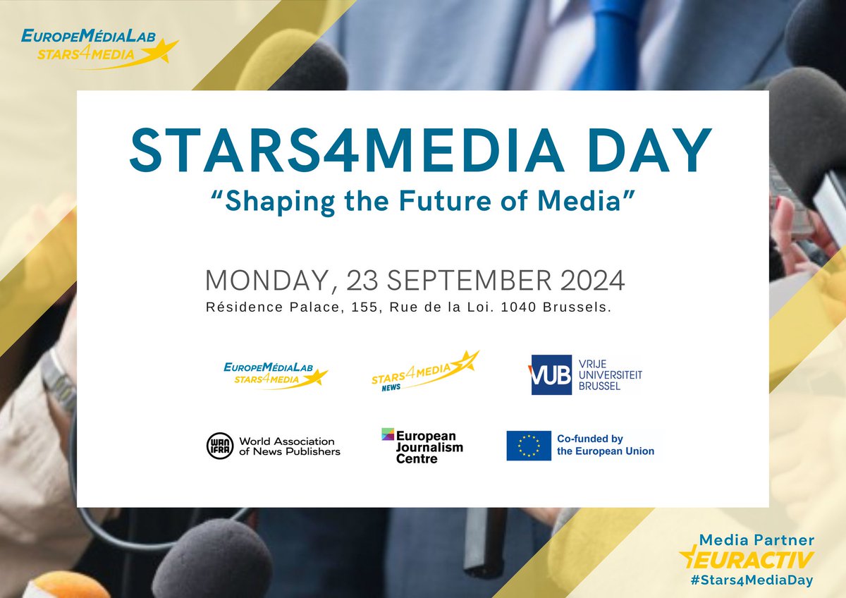23 September | Media Partnership - Stars4Media Day "Shaping the Future of Media"

👉 More info: eurac.tv/9Xfd
👉 Register here: eurac.tv/9Xbh

This event is organised by Europe MédiaLab with Euractiv as Media Partner.