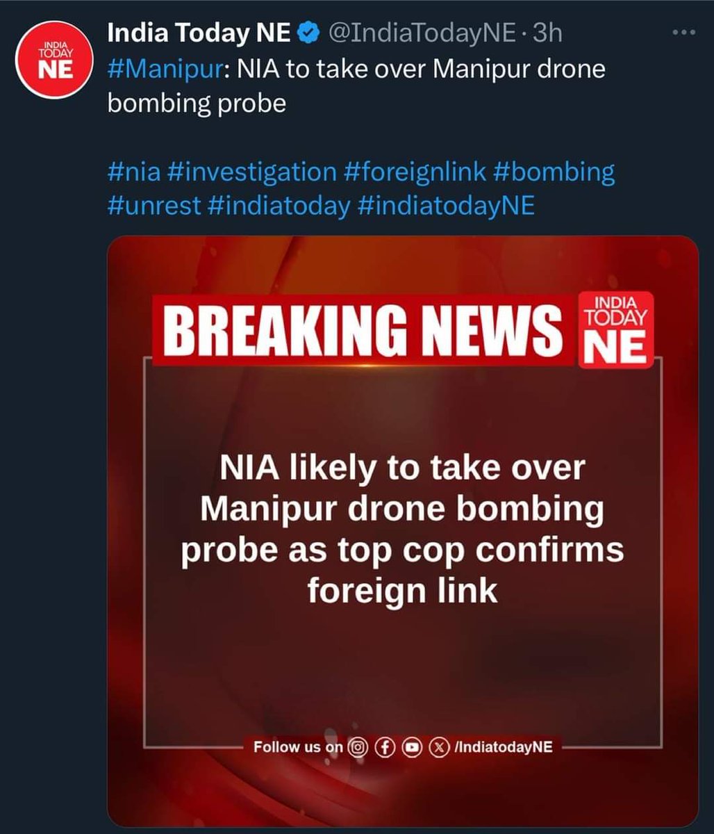 MaharajaManipur's tweet photo. NIA likely to take over Manipur Drone Bombing Probe as top Cop confirms Foreign Link. https://t.co/zYIOAJ96oa