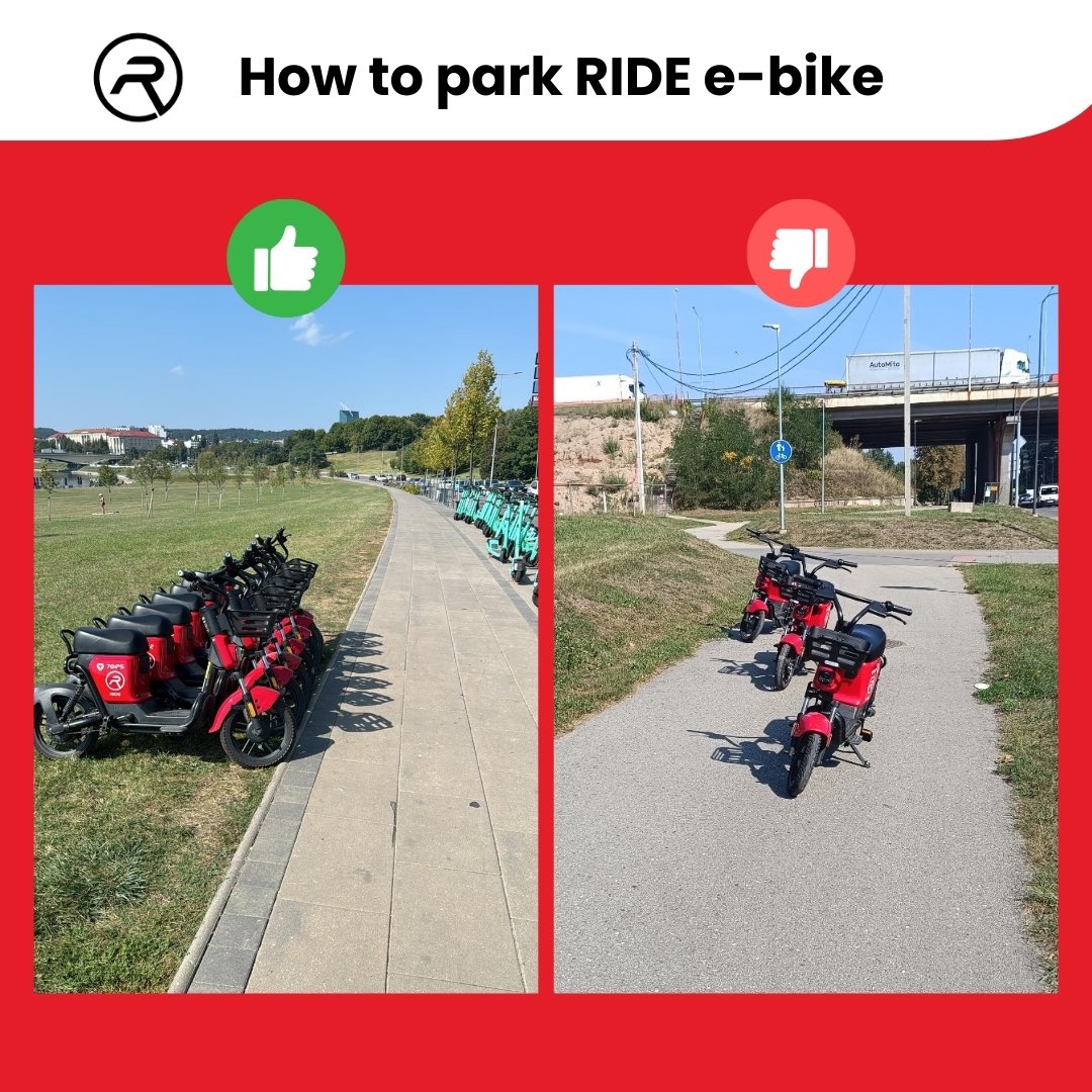 RideMobility's tweet photo. Place the RIDE e-bike without a shame!😎

After ending your ride, park the e-bike so that it does not block sidewalks, roads, cars, etc.
By taking care of abidance of the rules, we also take care of our safety and the safety of those who are around us! 🚲 https://t.co/k9hjwPXpIA