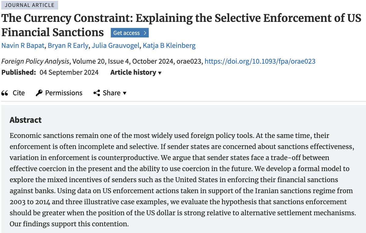 Foreign Policy Analysis (FPA) Journal (@fpa_jrnl) on Twitter photo 🚨NEW ARTICLE🚨
Economic sanctions are crucial but often poorly enforced. <a href="/nbapat/">Navin Bapat</a> @B_R_Early <a href="/grauvogelj/">Julia Grauvogel</a> <a href="/kleinberg_katja/">Katja Kleinberg</a> find that the US trades off between current effectiveness and future coercion, with stricter sanctions when the dollar is stronger.
academic.oup.com/fpa/article-ab… 🚨NEW ARTICLE🚨
Economic sanctions are crucial but often poorly enforced. <a href="/nbapat/">Navin Bapat</a> @B_R_Early <a href="/grauvogelj/">Julia Grauvogel</a> <a href="/kleinberg_katja/">Katja Kleinberg</a> find that the US trades off between current effectiveness and future coercion, with stricter sanctions when the dollar is stronger.
academic.oup.com/fpa/article-ab…