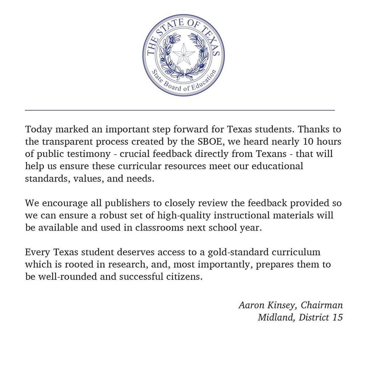 My statement on today’s public testimony at <a href="/TXSBOE/">Texas SBOE</a>.

<a href="/pamlittletx/">Pam Little</a> <a href="/LjforTexas/">LJ Francis</a> <a href="/Julie4TX/">Julie Pickren</a> <a href="/KevenEllisDC/">Keven Ellis - Texas State Board of Education</a> <a href="/pathardy2008/">Pat Hardy</a> <a href="/DrYoungSBOE/">Dr. Audrey Young</a> <a href="/teainfo/">Texas Education Agency</a>