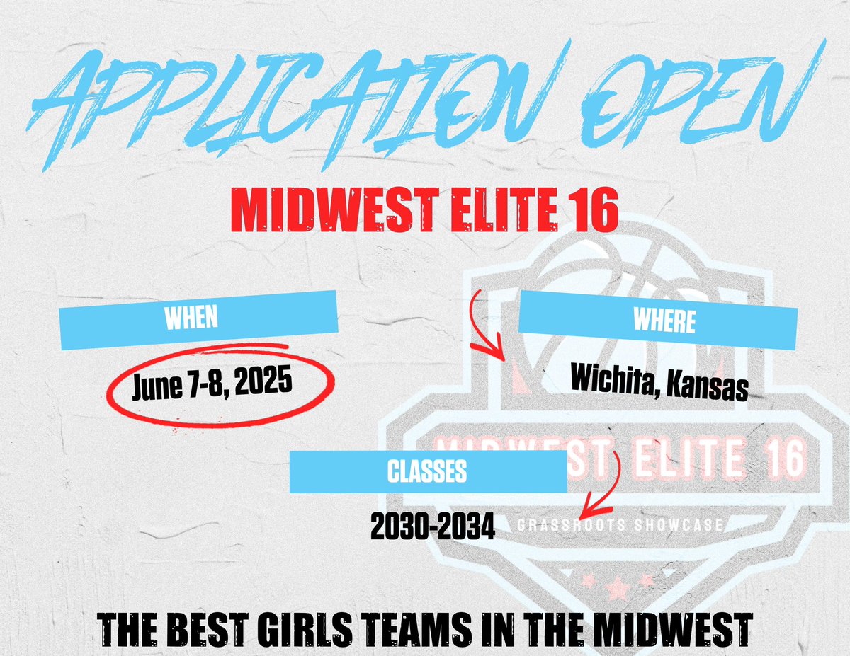 MidwestElite16's tweet photo. Application for the Midwest Elite 16 is OPEN! We are looking for 16 of the best girls basketball teams in the 2030-2034 classes to come to Wichita, KS on June 7-8 to battle on the court! Fill out the application below! Space will close fast!

Application: https://t.co/lywCfs260N https://t.co/qQDwKeWXn9